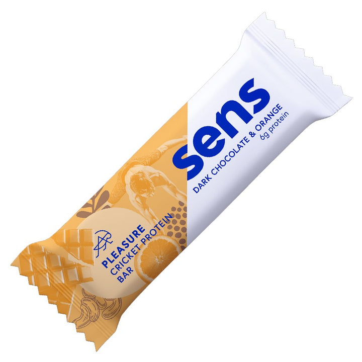 Baltyminis batonėlis su svirplių miltais - juodasis šokoladas su apelsinu Sens Pleasure, 40g