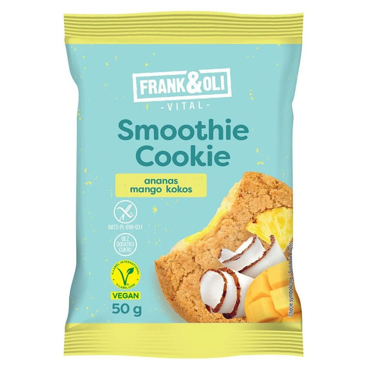 Avižiniai sausainiai su kokosų, ananasų ir mangų įdaru Frank & Oli, 50g