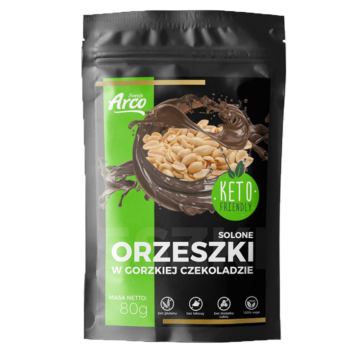 Sūdyti žemės riešutai šokolade be cukraus KETO Arco Sweets, 80g