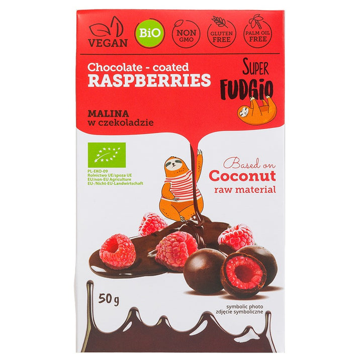 Liofilizuotos avietės šokolade, be glitimo Super Fudgio BIO, 50g