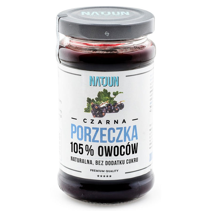 Juodųjų serbentų uogienė be pridėtinio cukraus, 105% Natjun vaisių, 220g