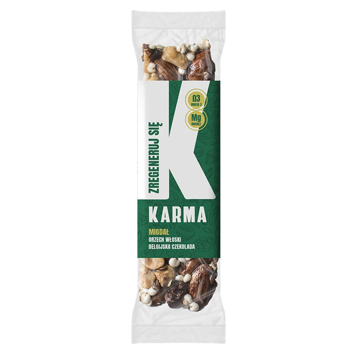 "REGENERUJ się" batonėlis - migdolų, graikinių riešutų, belgiško šokolado Karma 44g