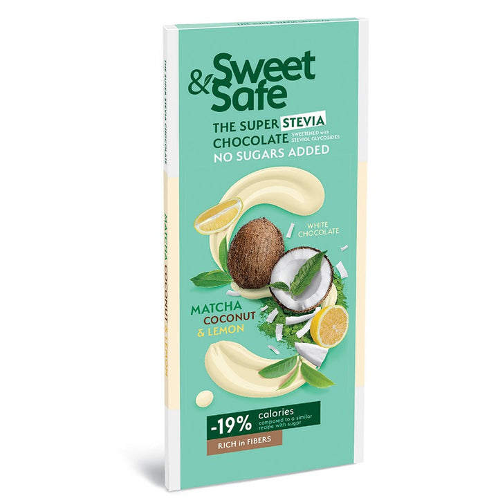 Baltasis šokoladas - matcha, kokosas ir citrina, saldintas stevija ir eritritoliu Sweet&Safe, 90g