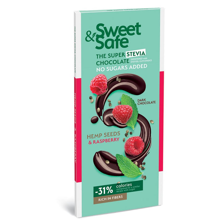 Desertinis šokoladas - aviečių ir kanapių sėklos, saldintas stevija ir eritritoliu Sweet&Safe, 90g